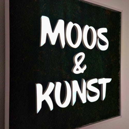 Moosbild mit Frontleuchtenden Buchstaben. Frontleuchter mit LED-Technik. Moosbild quadratisch mit Flachmoos.