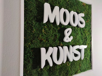 Moosbild mit Flachmoos und 3D Buchstaben front- und rückleuchtend. Tagansicht mit unbeleuchteten Buchstaben sichtbar.  Gesamtansicht 1x1 Meter. Handgefertigter Holzbilderrahmen lackiert. Logo front- und rückleuchtend. Individuelle Leuchtreklame. Geschenkidee.