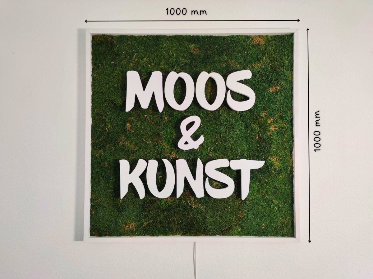 Moosbild mit Flachmoos und 3D Buchstaben front- und rückleuchtend. Tagansicht mit unbeleuchteten Buchstaben sichtbar.  Gesamtansicht 1x1 Meter. Handgefertigter Holzbilderrahmen lackiert. Logo front- und rückleuchtend. Individuelle Leuchtreklame. Geschenkidee.