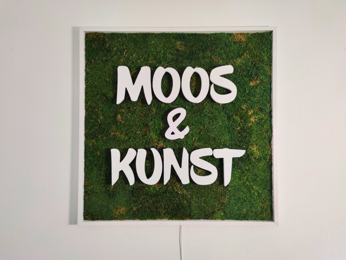 Moosbild mit Flachmoos und 3D Buchstaben front- und rückleuchtend. Gesamtansicht mit 3D Buchstaben sichtbar.  Gesamtansicht 1x1 Meter. Handgefertigter Holzbilderrahmen lackiert. Logo front- und rückleuchtend. Individuelle Leuchtreklame. Geschenkidee. Bürodeko. Moderne Wanddeko.