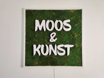 Moosbild mit Flachmoos und 3D Buchstaben front- und rückleuchtend. Gesamtansicht mit 3D Buchstaben sichtbar.  Gesamtansicht 1x1 Meter. Handgefertigter Holzbilderrahmen lackiert. Logo front- und rückleuchtend. Individuelle Leuchtreklame. Geschenkidee. Bürodeko. Moderne Wanddeko.