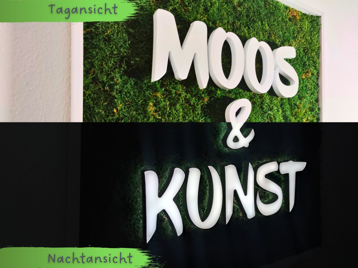 Moosbild mit Flachmoos und 3D Buchstaben front- und rückleuchtend. Tag- und Nachtansicht sichtbar. Gesamtansicht 1x1 Meter. Handgefertigter Holzbilderrahmen lackiert.