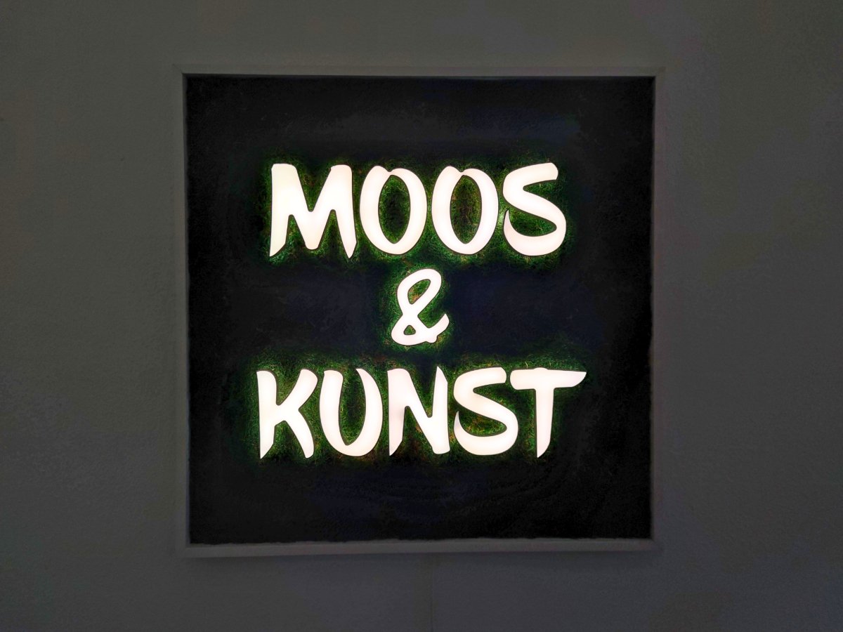 Moosbild mit Flachmoos und 3D Buchstaben front- und rückleuchtend. Nachtansicht mit leuchtenden Buchstaben sichtbar.  Gesamtansicht 1x1 Meter. Handgefertigter Holzbilderrahmen lackiert. Logo front- und rückleuchtend. Individuelle Leuchtreklame.