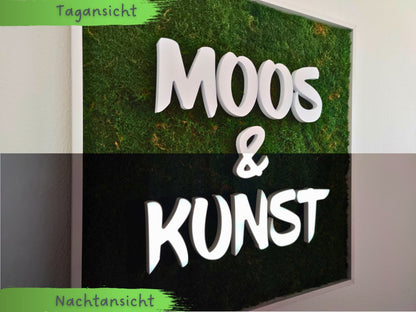 Moosbild mit Flachmoos und 3D Buchstaben frontleuchtend. Tag- und Nachtansicht sichtbar. Gesamtansicht 1x1 Meter. Handgefertigter Holzbilderrahmen lackiert.