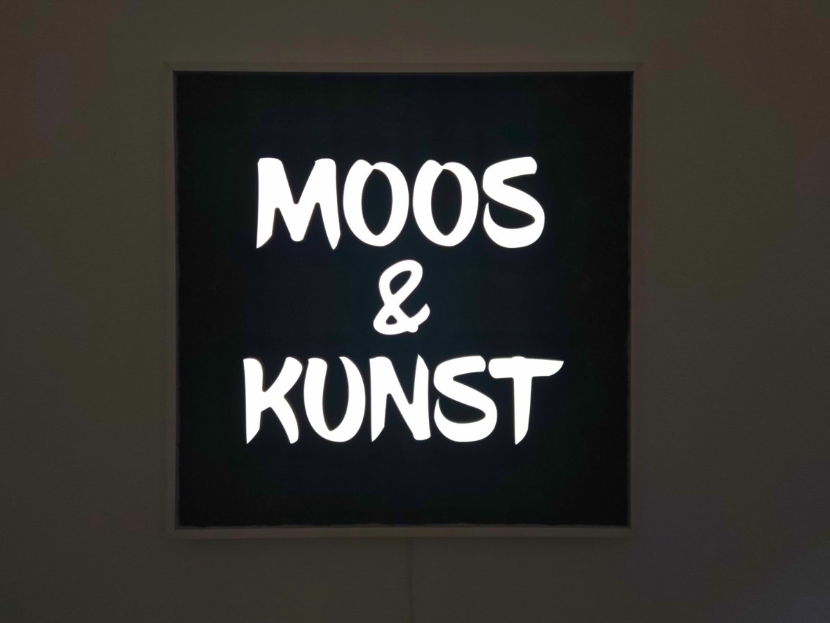 Moosbild mit Flachmoos und 3D Buchstaben frontleuchtend. Nachtansicht mit leuchtenden Buchstaben sichtbar.  Gesamtansicht 1x1 Meter. Handgefertigter Holzbilderrahmen lackiert. Logo Frontleuchtend. Individuelle Leuchtreklame. Geschenkidee.