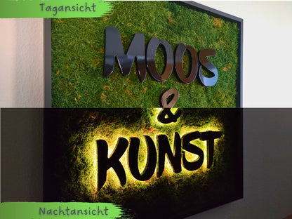 Moosbild mit Flachmoos und 3D Buchstaben rückleuchtend. Tag- und Nachtansicht sichtbar. Gesamtansicht 1x1 Meter. Handgefertigter Holzbilderrahmen lackiert.