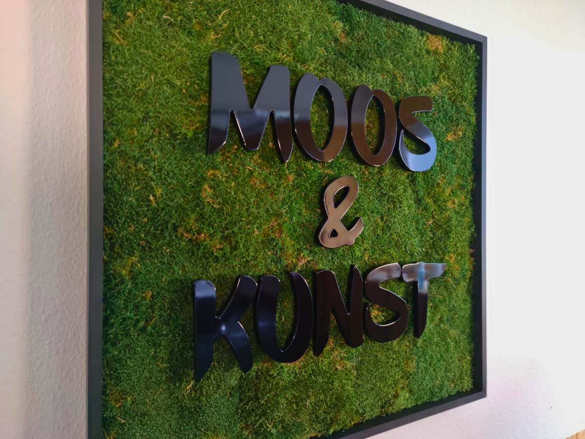 Moosbild mit Flachmoos und 3D Buchstaben rückleuchtend. Tagansicht mit unbeleuchteten Buchstaben sichtbar.  Gesamtansicht 1x1 Meter. Handgefertigter Holzbilderrahmen lackiert. Logo rückleuchtend. Individuelle Leuchtreklame. Geschenkidee.