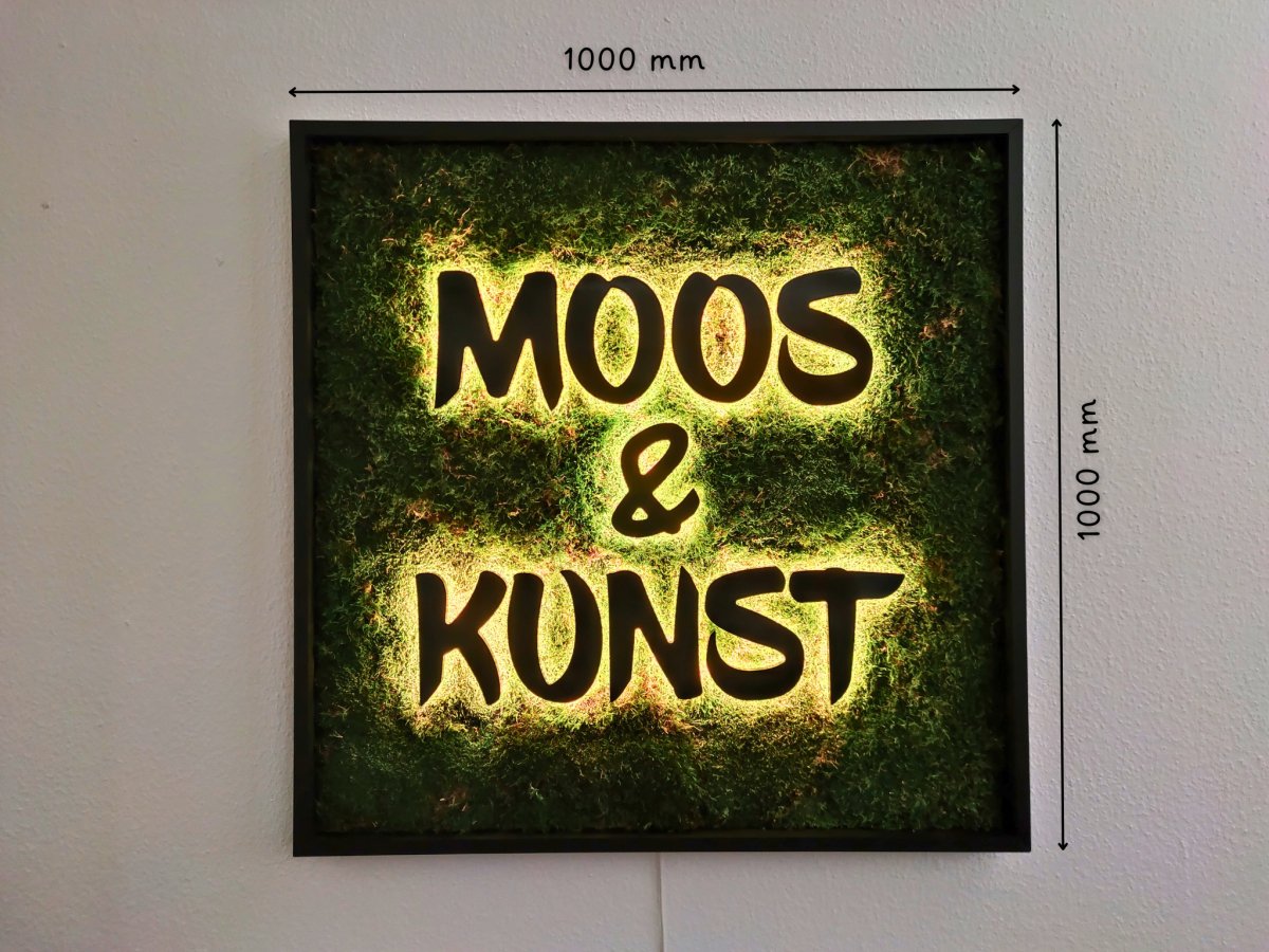 Moosbild mit Flachmoos und 3D Buchstaben frontleuchtend. Gesamtansicht 1x1 Meter. Handgefertigter Holzbilderrahmen lackiert. Logo rückleuchtend. Individuelle Leuchtreklame. Geschenkidee. 